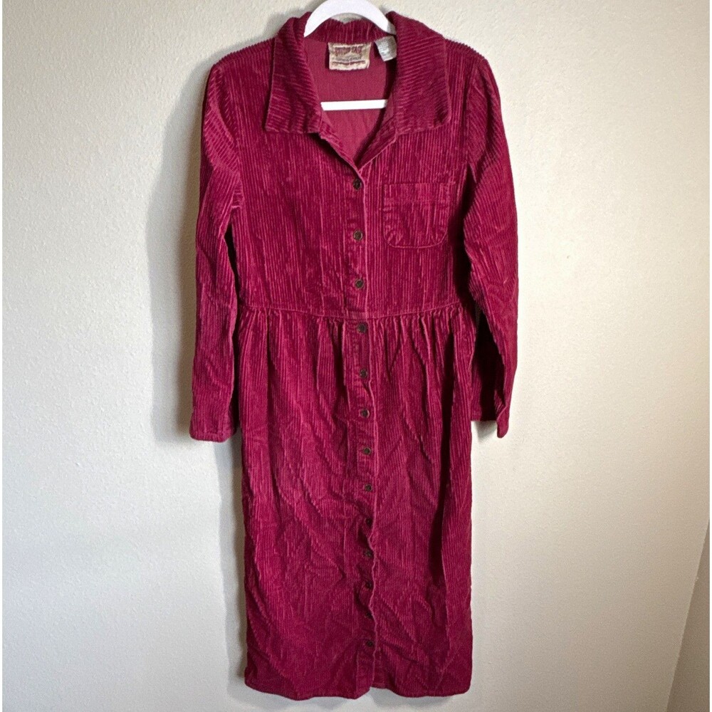 Studio Ease Women’s Corduroy Maxi Dress Burgundy Button Front Collared Size 10